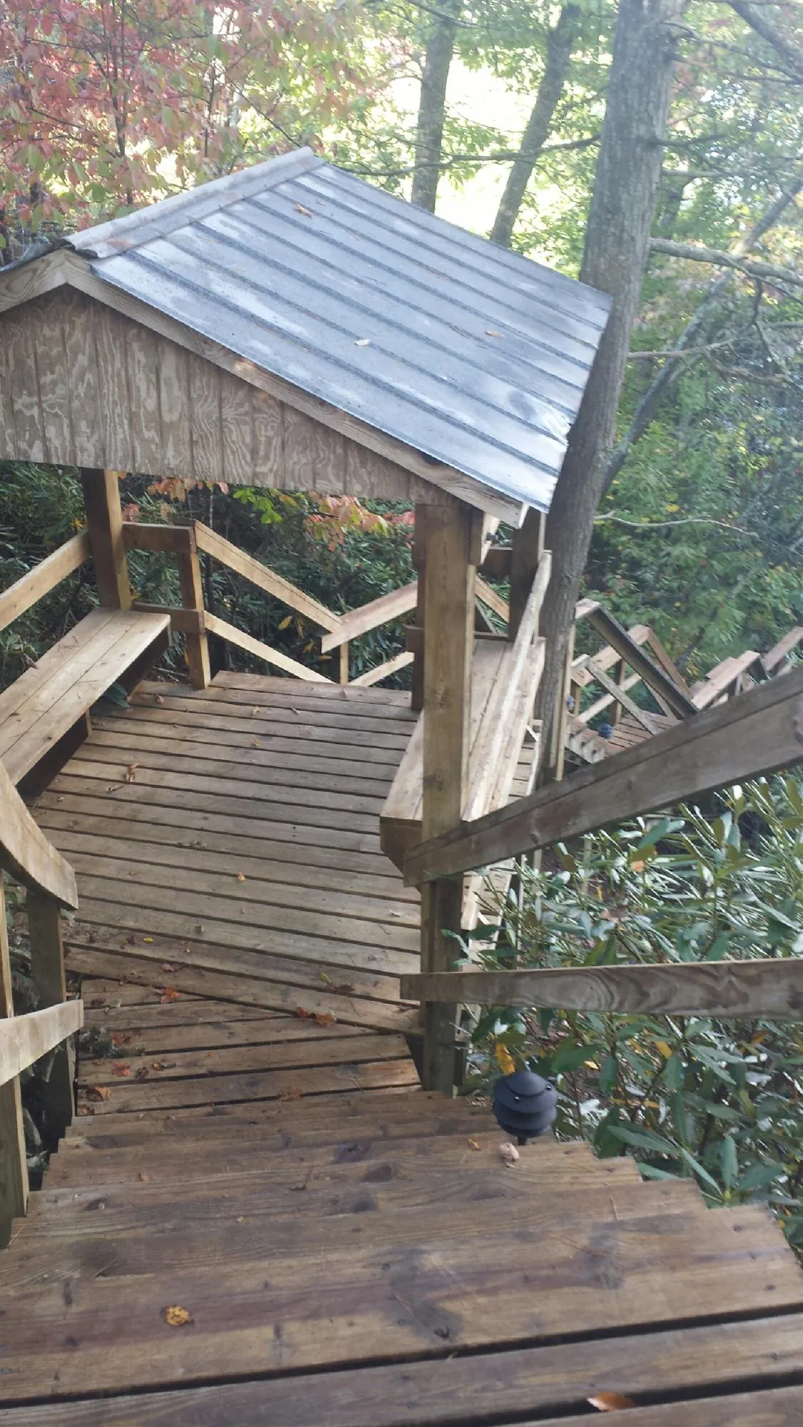 Metal roofed shelter over wooden steps on a wooded walkway — Skylight Repair & Installation work by our crew in Birds Landing